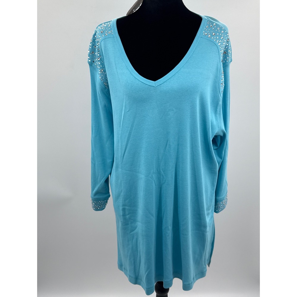 Tia Womens Turquoise Blue Rhinestone Embellished V-Neck Tunic Top XL NWT